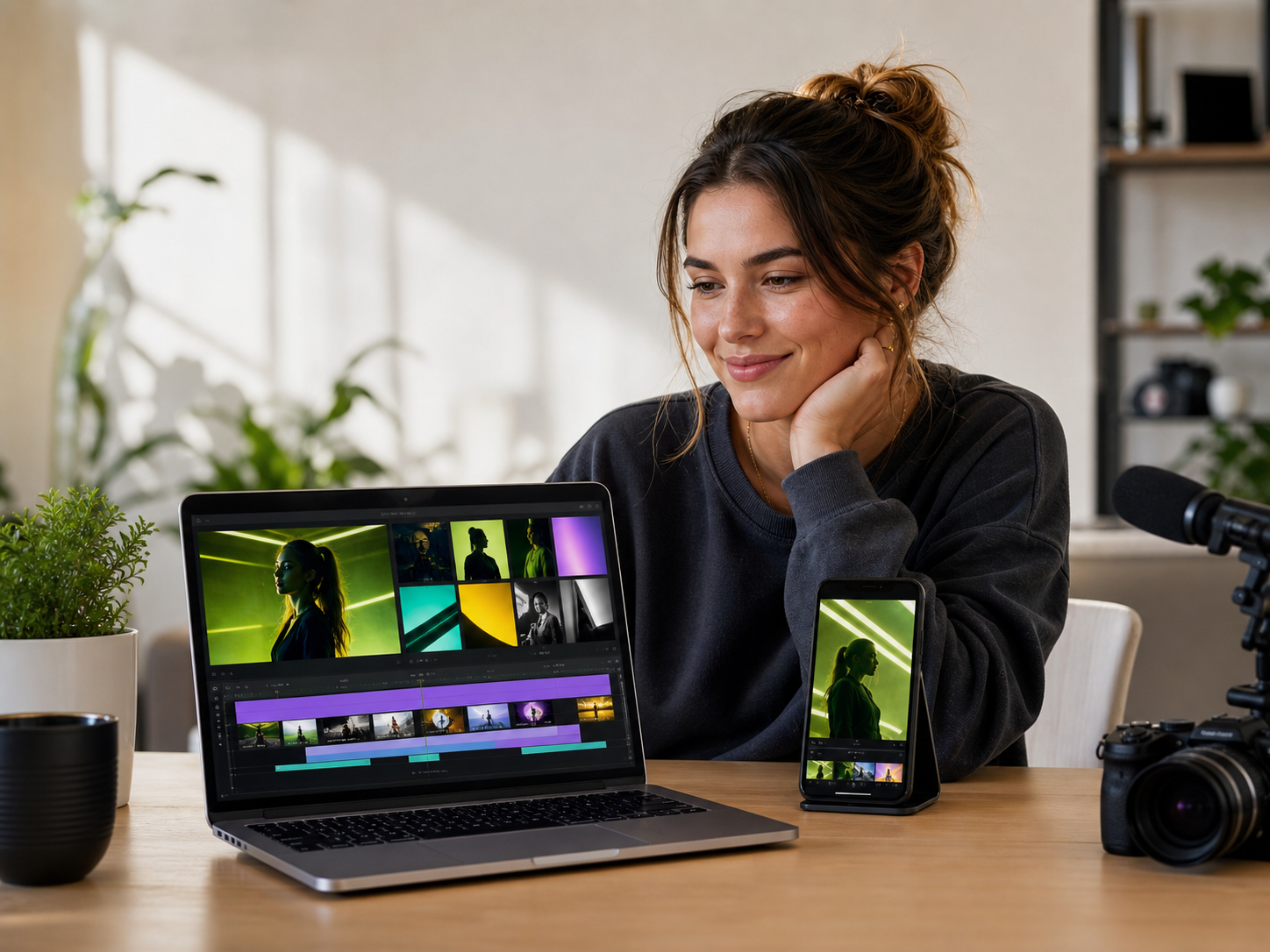 Creator reviewing a finished content package across laptop and phone